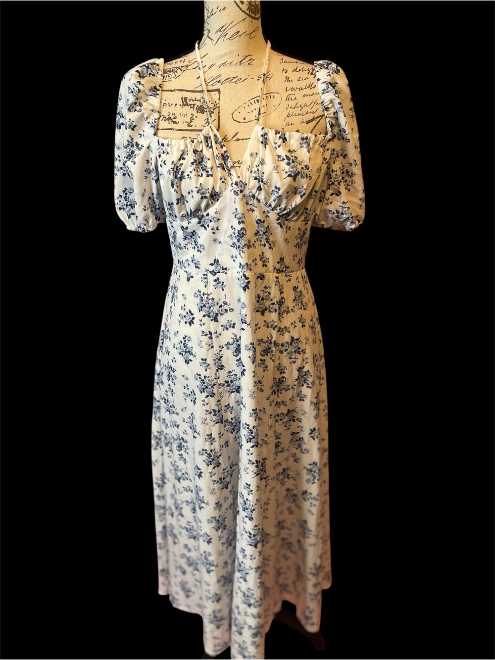 White Blue Floral Maxi Dress Puff Sleeve Dress Romantic Summer Sundress